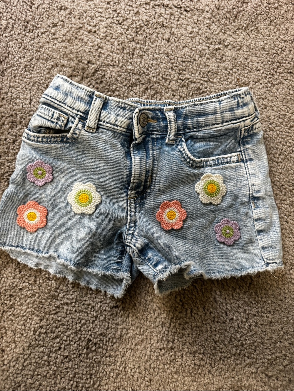 jumping beans girl’s Light Blue Denim Shorts with Multicolor Crocheted Flowers